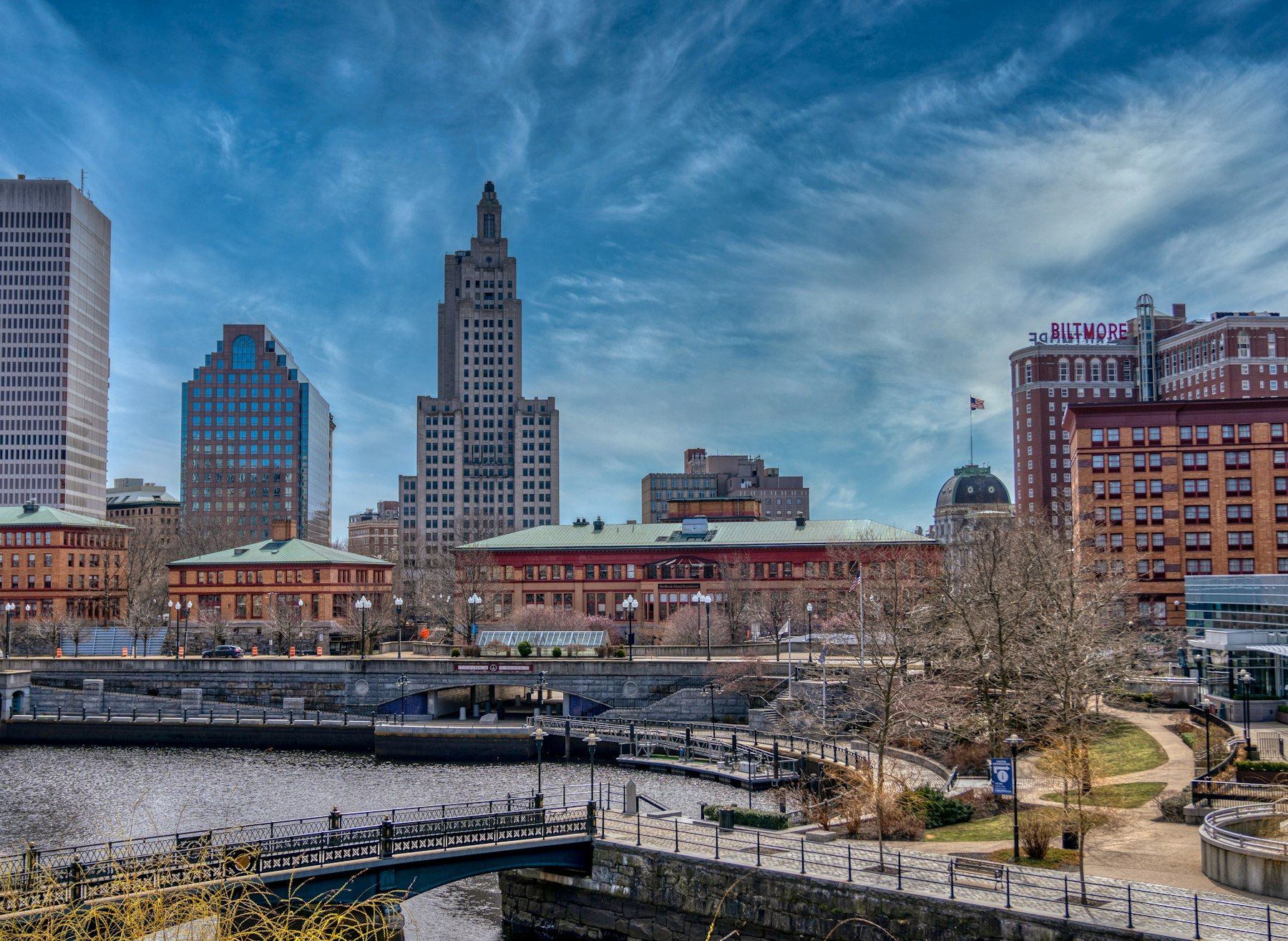 Providence, Rhode Island skyline seen from the river on a clear day
